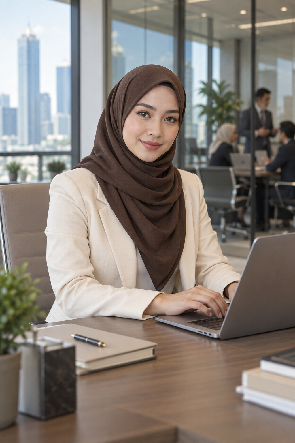 Wanita berhijab chocolate bekerja di pejabat moden